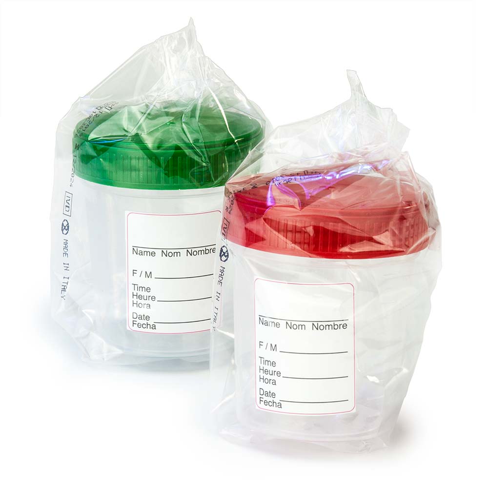 Globe Scientific Specimen Container, 4oz, with Full Turn Green Attached Screwcap, ID Label, PP, Graduated, Cleanroon ISO8 Aseptic Sterile, Individually Wrapped Image